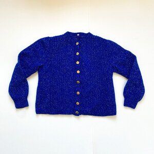Vintage cardigan, small / medium, blue with gold speckle, gold metal buttons